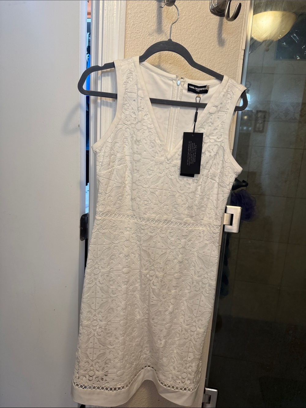 Karl Lagerfeld White Lace V‑Neck Mini Dress